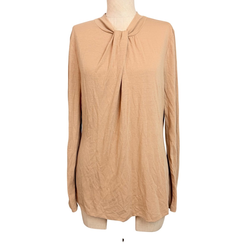NEW Ann Taylor Tan Knit‎ Twist Neck Long Sleeve Top Lightweight Blouse Beige L